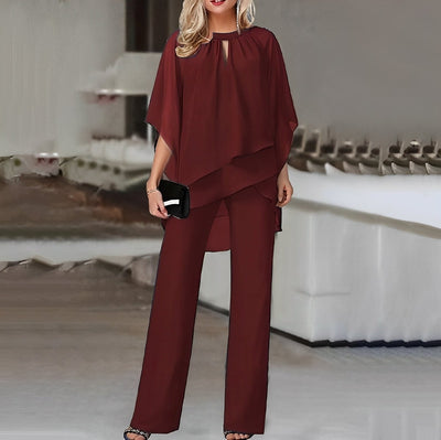 Mia | Dames tweedelige set van chiffon met gelaagde top en wijde broek