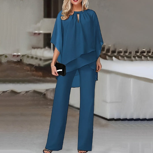 Mia | Dames tweedelige set van chiffon met gelaagde top en wijde broek