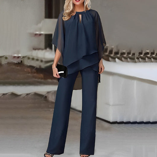 Mia | Dames tweedelige set van chiffon met gelaagde top en wijde broek