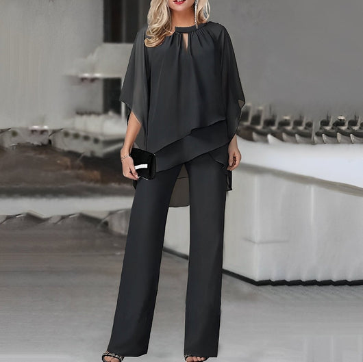 Mia | Dames tweedelige set van chiffon met gelaagde top en wijde broek