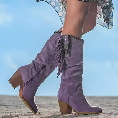Frieda | Dames kniehoge western laarzen in suèdelook met franjes