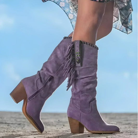 Frieda | Dames kniehoge western laarzen in suèdelook met franjes