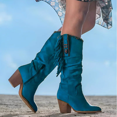 Frieda | Dames kniehoge western laarzen in suèdelook met franjes