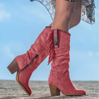 Frieda | Dames kniehoge western laarzen in suèdelook met franjes
