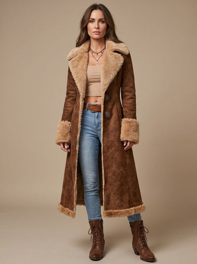 Marie | Lange dames wintermantel in suèdelook met imitatiebont