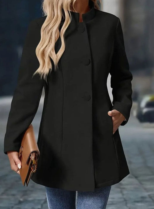 Amelie | Elegante lange dames wintermantel met knopen en opstaande kraag