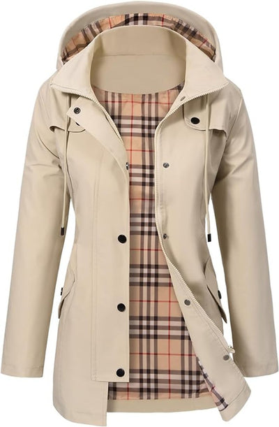 Elisabeth | Waterdichte dames regenjas met capuchon en geruite fleecevoering