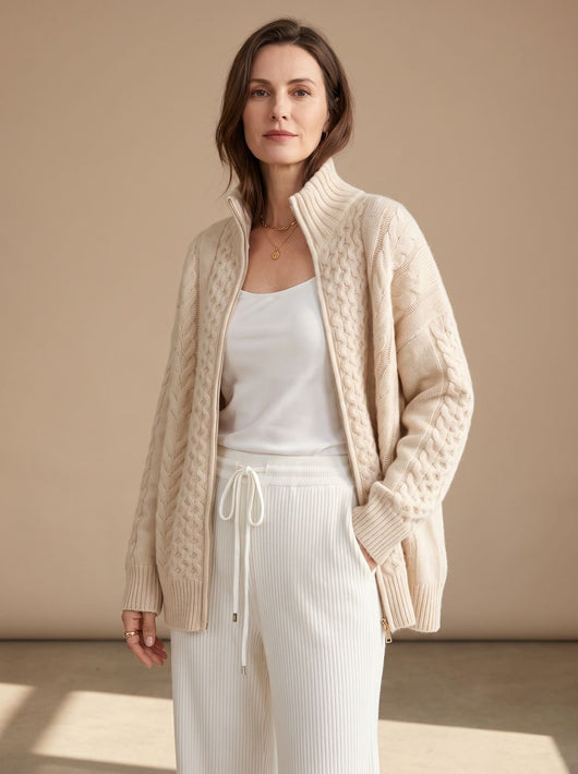 Mia | Oversized dames gebreide trui met kabeldessin en rits