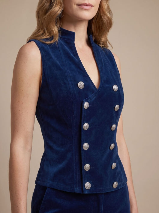 Greta | Getailleerd dubbelrijs dames fluwelen gilet in military-stijl