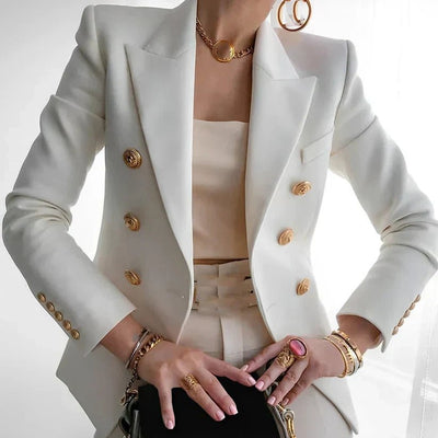 Mia | Dames dubbelrijige blazer met gouden knopen en gestructureerde schouders