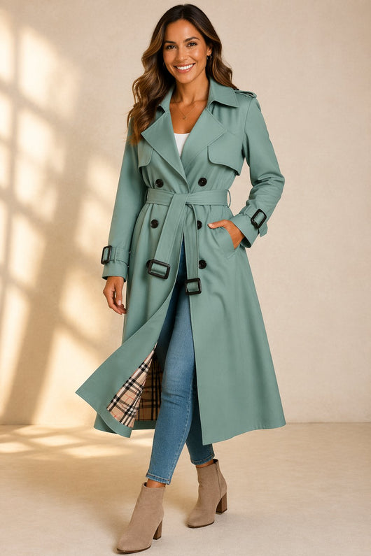 Mia | Lange dames trenchcoat met dubbele knoopsluiting en ceintuur