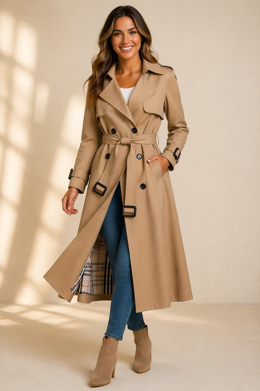 Mia | Lange dames trenchcoat met dubbele knoopsluiting en ceintuur