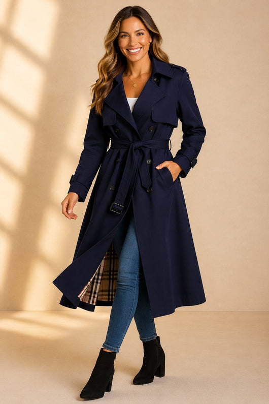 Mia | Lange dames trenchcoat met dubbele knoopsluiting en ceintuur