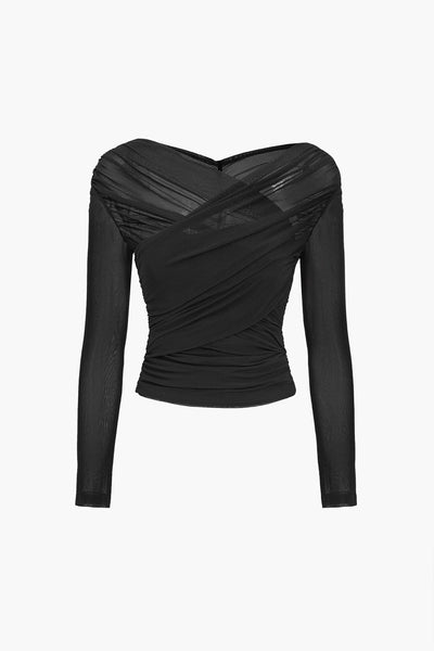 Susanne | Dames meshtop met ruches en lange mouwen