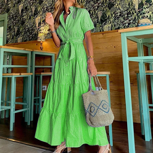 Luisa | Dames gestreepte maxi blousejurk met polokraag en ceintuur