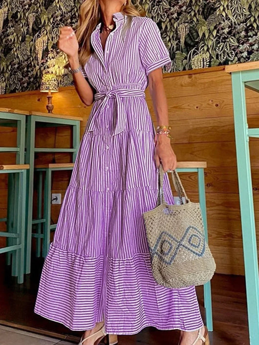 Luisa | Dames gestreepte maxi blousejurk met polokraag en ceintuur