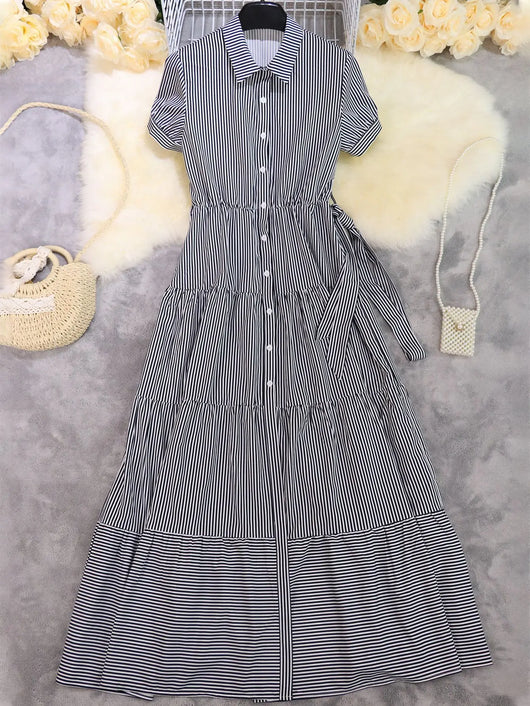Luisa | Dames gestreepte maxi blousejurk met polokraag en ceintuur
