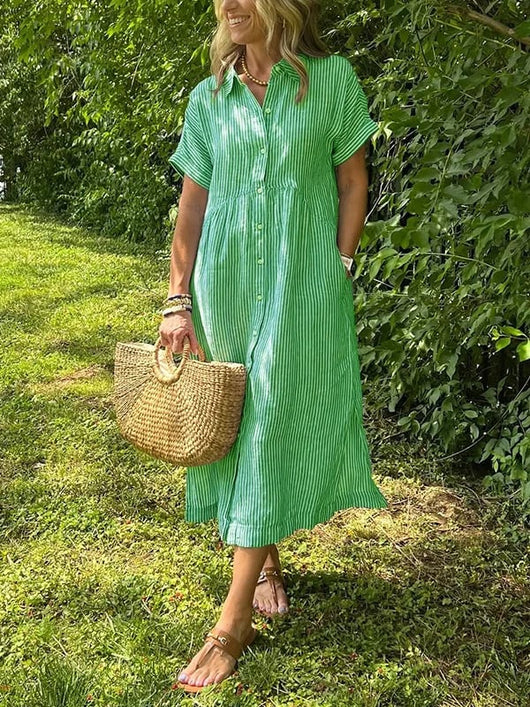 Greta | Dames gestreepte midi-jurk met knoopsluiting