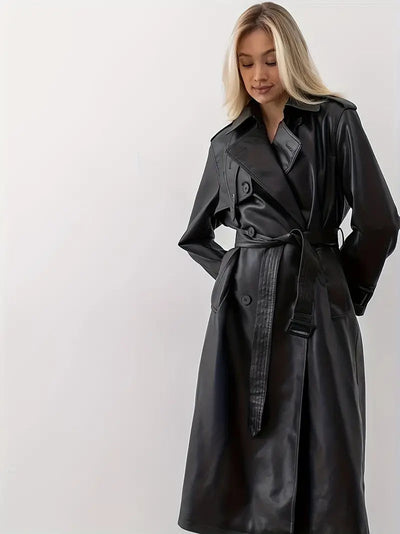 Edith | Lange dames trenchcoat van imitatieleer met ceintuur