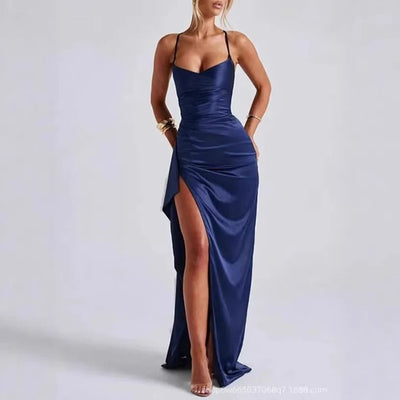 Mia | Dames satijnen bodycon maxijurk met sweetheart-hals, drapering en split