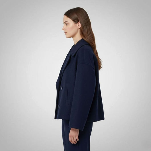 Lena | Elegante oversized dubbelrijse korte dames wollen mantel