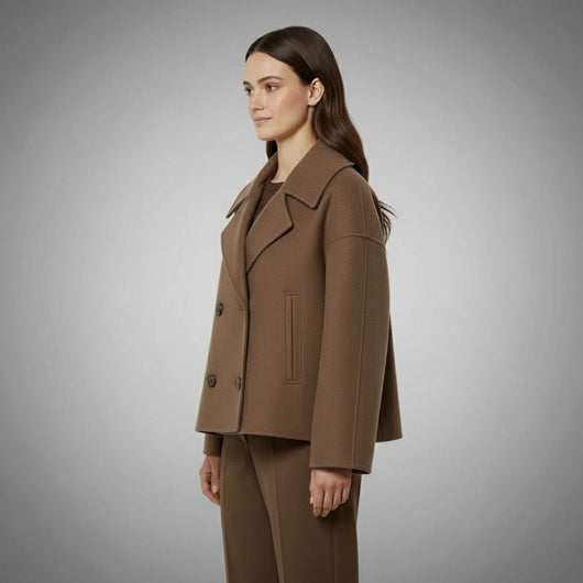 Lena | Elegante oversized dubbelrijse korte dames wollen mantel