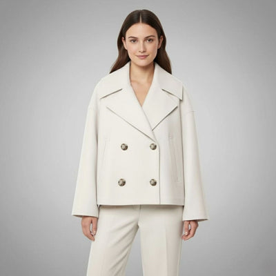 Lena | Elegante oversized dubbelrijse korte dames wollen mantel