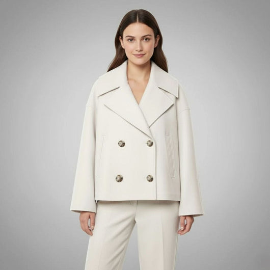 Lena | Elegante oversized dubbelrijse korte dames wollen mantel