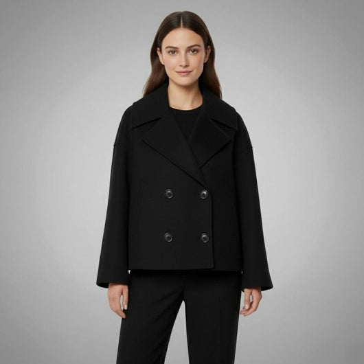 Lena | Elegante oversized dubbelrijse korte dames wollen mantel