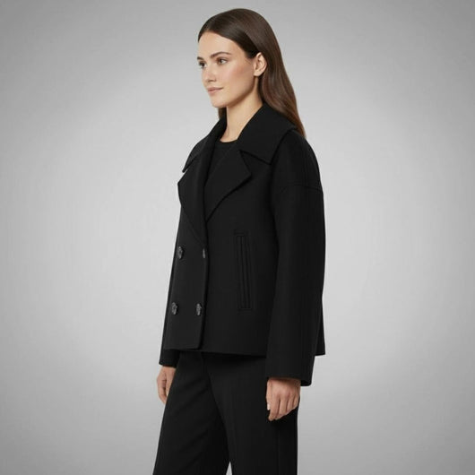 Lena | Elegante oversized dubbelrijse korte dames wollen mantel