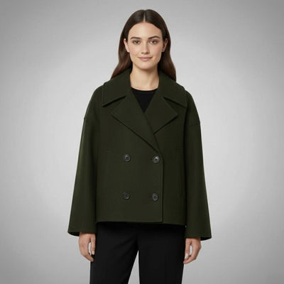 Lena | Elegante oversized dubbelrijse korte dames wollen mantel