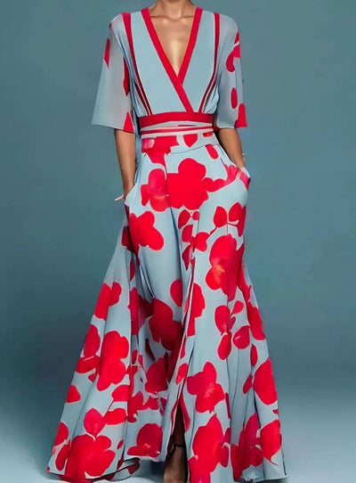 Elfriede | Elegante maxi-jurk met bloemendessin, diepe v-hals en vloeiend silhouet