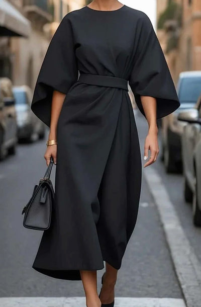 Greta | Elegante getailleerde midi-jurk met lampionmouwen en ceintuur