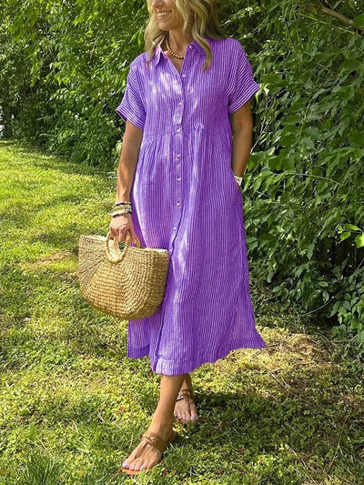 Greta | Dames gestreepte midi-jurk met knoopsluiting