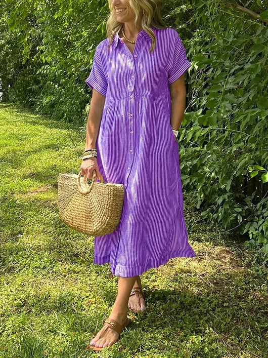 Greta | Dames gestreepte midi-jurk met knoopsluiting