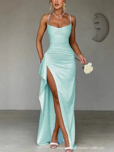 Mia | Dames satijnen bodycon maxijurk met sweetheart-hals, drapering en split