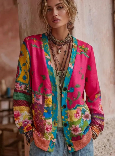Leonie | Feestelijk dames vest met bloemen-patchwork en v-hals