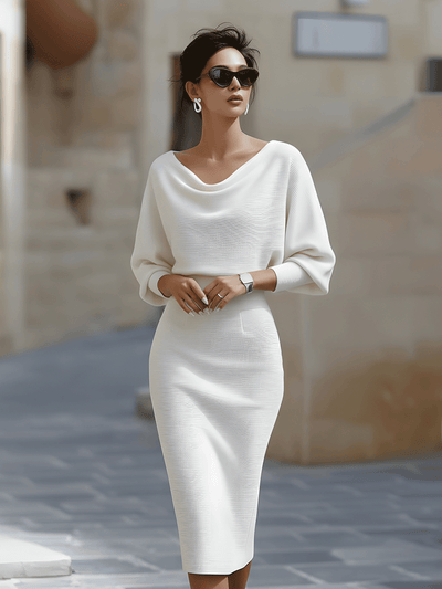 Jacqueline | Dames bodycon midi-jurk met boothals en vleermuismouwen