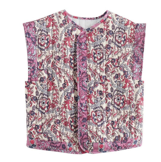 Frieda | Gewatteerde dames bodywarmer met bloemenprint en zijzakken