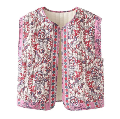 Frieda | Gewatteerde dames bodywarmer met bloemenprint en zijzakken