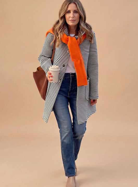 Johanna | Gestreepte dames trenchcoat met lange mouwen en sjaal