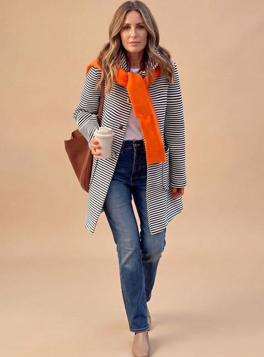 Johanna | Gestreepte dames trenchcoat met lange mouwen en sjaal