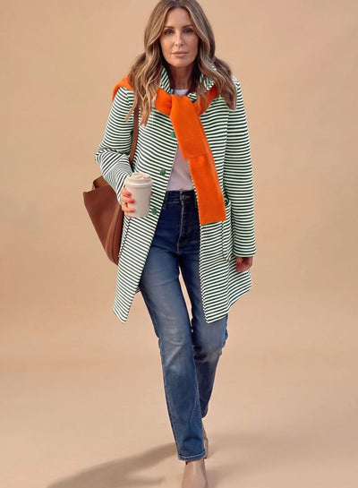 Johanna | Gestreepte dames trenchcoat met lange mouwen en sjaal