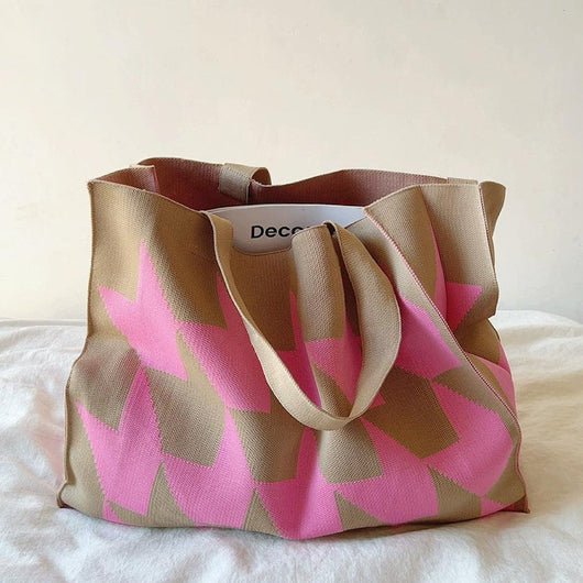 Nora | Dames canvas shopper met grafisch dessin in beige en roze