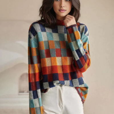 Andrea | Dames gebreide trui met colorblock en ruitdessin