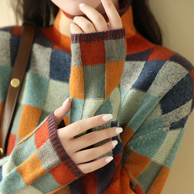 Andrea | Dames gebreide trui met colorblock en ruitdessin