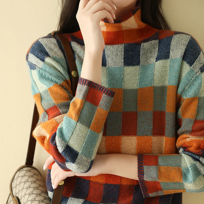 Andrea | Dames gebreide trui met colorblock en ruitdessin