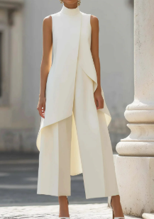 Annika | Mouwloze dames tweedelige set met asymmetrisch paneel, hoge kraag en wijde broek