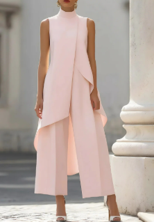 Annika | Mouwloze dames tweedelige set met asymmetrisch paneel, hoge kraag en wijde broek