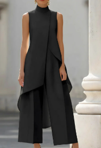 Annika | Mouwloze dames tweedelige set met asymmetrisch paneel, hoge kraag en wijde broek